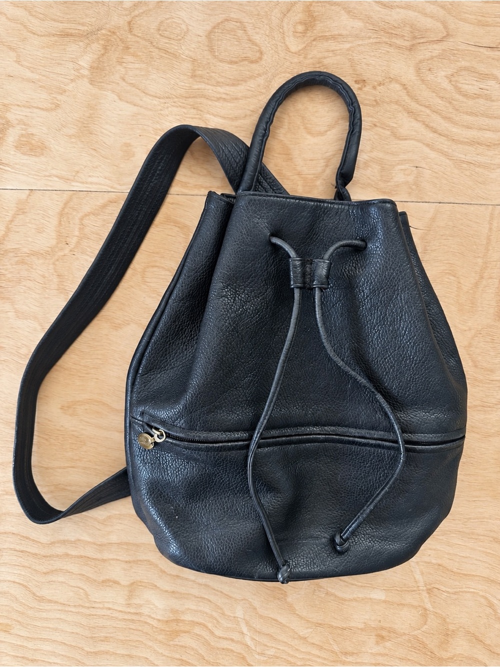 Stone Mountain Black Pebbled Leather Drawstring Backpack Bucket Bag